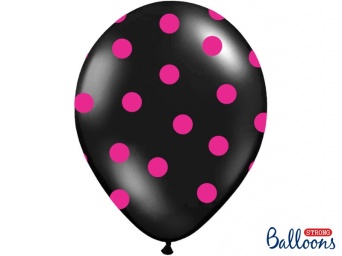 Balónek pastelový černý - růžové puntíky - 1 ks